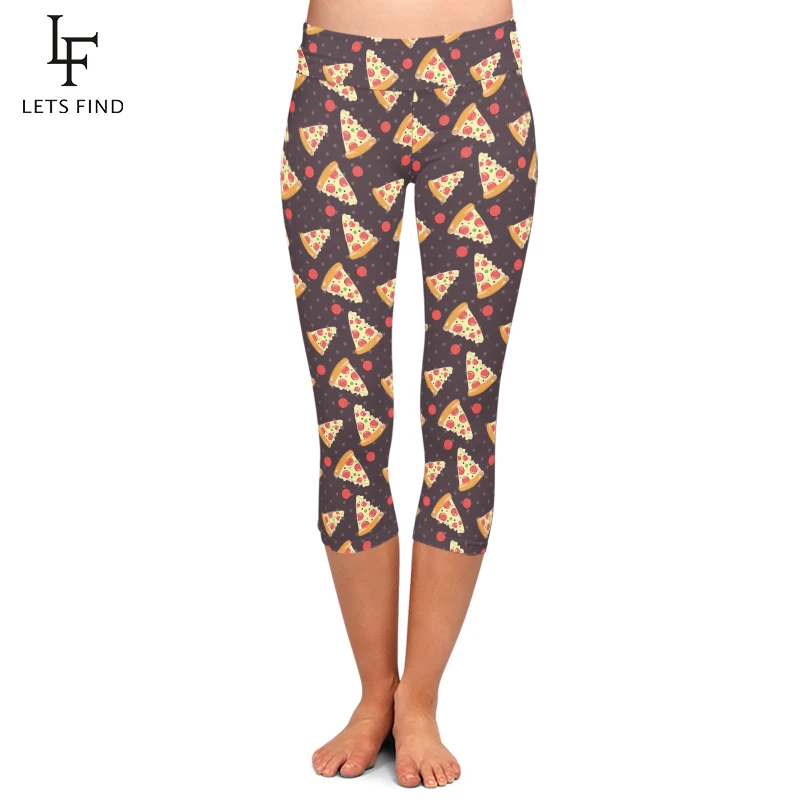 

LETSFIND High Waist Women Capri Leggings 220gsm Milk Silk Print Pizza Pattern Soft Fitness Stretch Mid-Calf 3/4 Pants