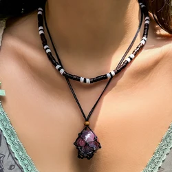 2Pcs/Set Wooden Beads Chain Irregular Stone Pendant Choker Necklace Women Vintage Adjustable Rope Chain Jewelry Accessories