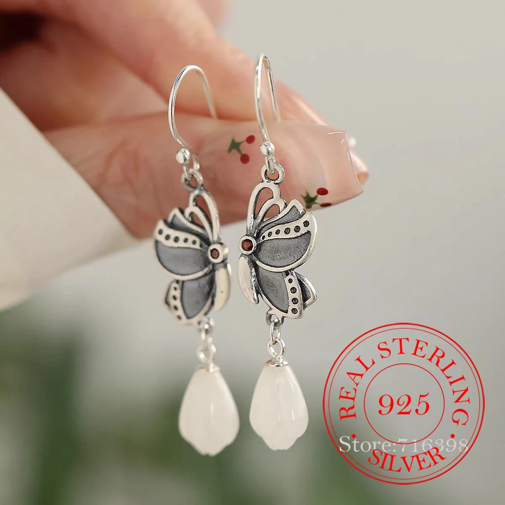 925 Sterling Silver Jewelry Long Tassel Natural Jade Butterfly Drop Earrings for Women Wedding Party Jewelry Girls Friend Gift