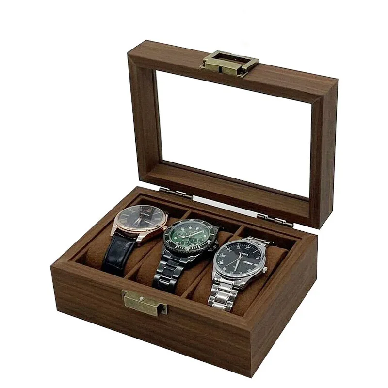 Neues Design 3-Fach Retro Uhrenbox in Dunkler Walnussfarbe mit Braunem Samtinterieur Premium Uhrenaufbewahrung und -verpackung – Detail 4