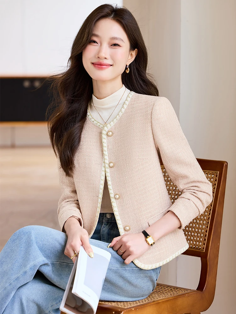 Giacca da donna alla moda da donna color albicocca, kaki, blu, con scollo a O, giacca casual da donna