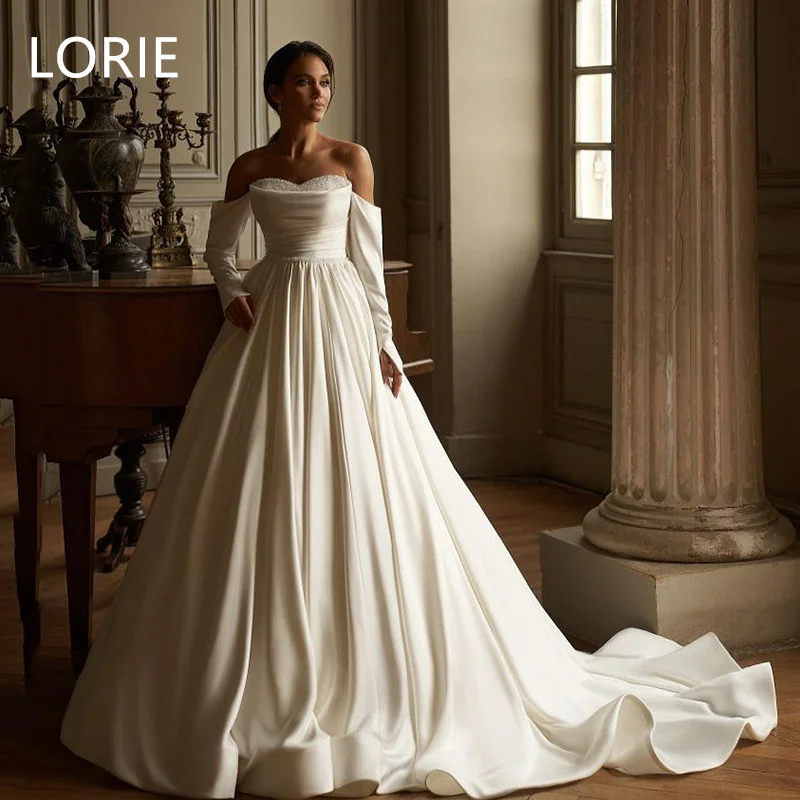 

LORIE A-line Elegant Satin Off Shoulder Wedding Dress Beading Applique Bridal Gowns vestidos de novia Backless Customized 2025