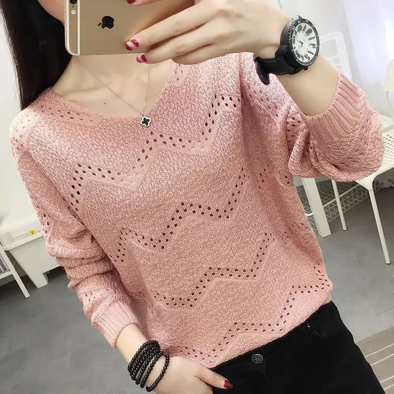 2023 Spring Autumn Fashion Hollow Out Jumpers Female Clothing Casual V-Neck All-match Solid Color Korean Loose Knitted Sweaters