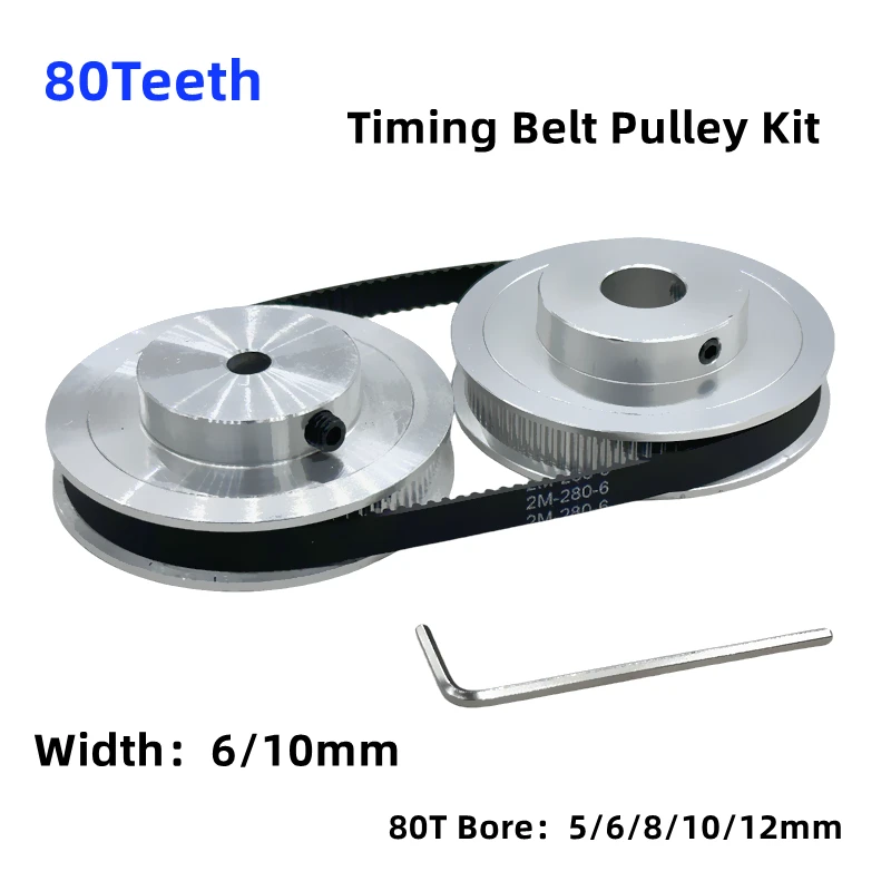 

2GT 80T 80Teet Timing Belt Pulley Kits Speed Ratio 1:1 Bore 5~12mm Wheel Set GT2 Belt Width 6/10mm Pulley Set 2M 80Teeth for CNC