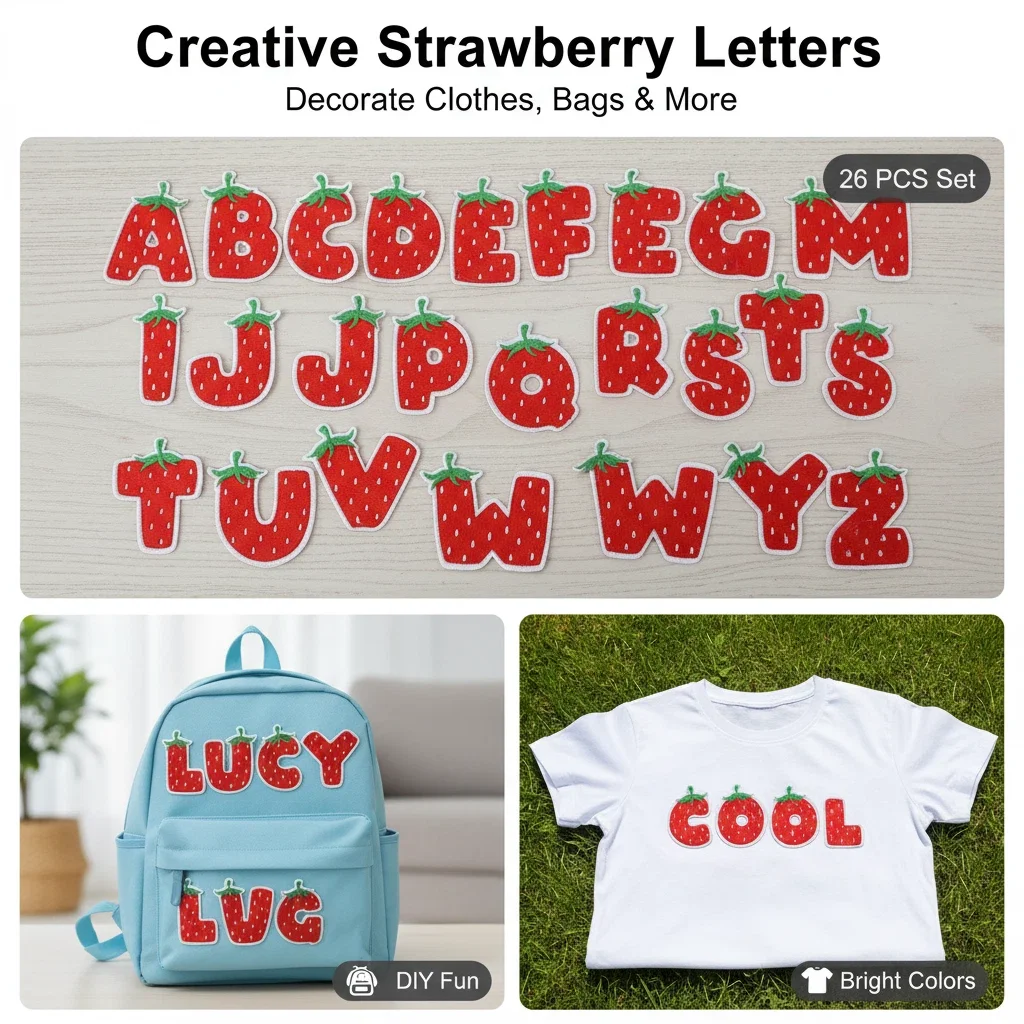 Bolsa de planchar/sombrero/vestir 10 Uds lotes/juego de parches bordados de letras en inglés de fresa roja decoración 26 parches del alfabeto