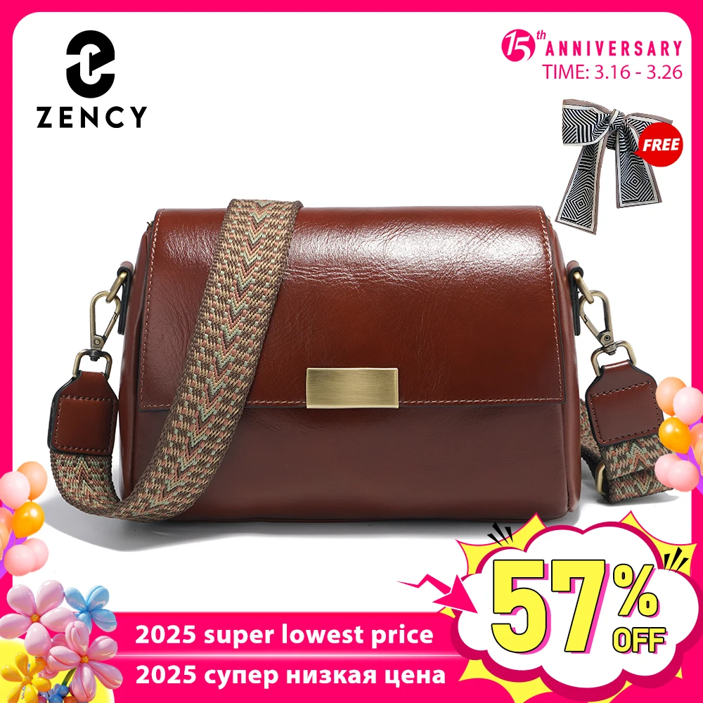 Zency Genuine Leather Vintage Designer Handbag For Women Large Capacity Shoulder Bag New Brown Crossbody Bag Flap Bag Purse 2025