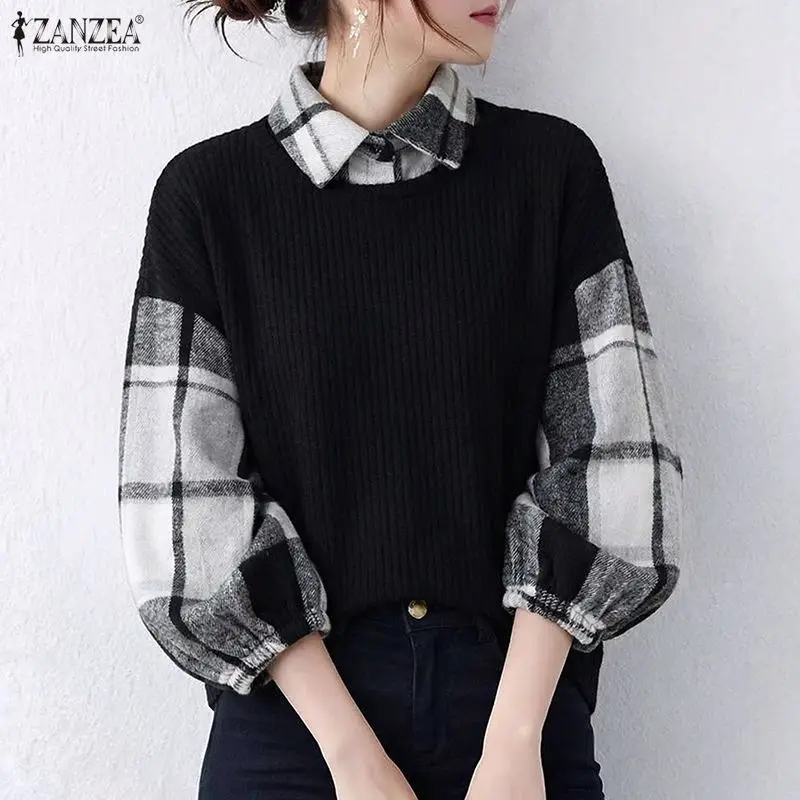 

Женские трикотажные блузки ZANZEA в клетку с контрастными вставками и рукавами-фонариками, с воротником, весна-осень, повседневные топы