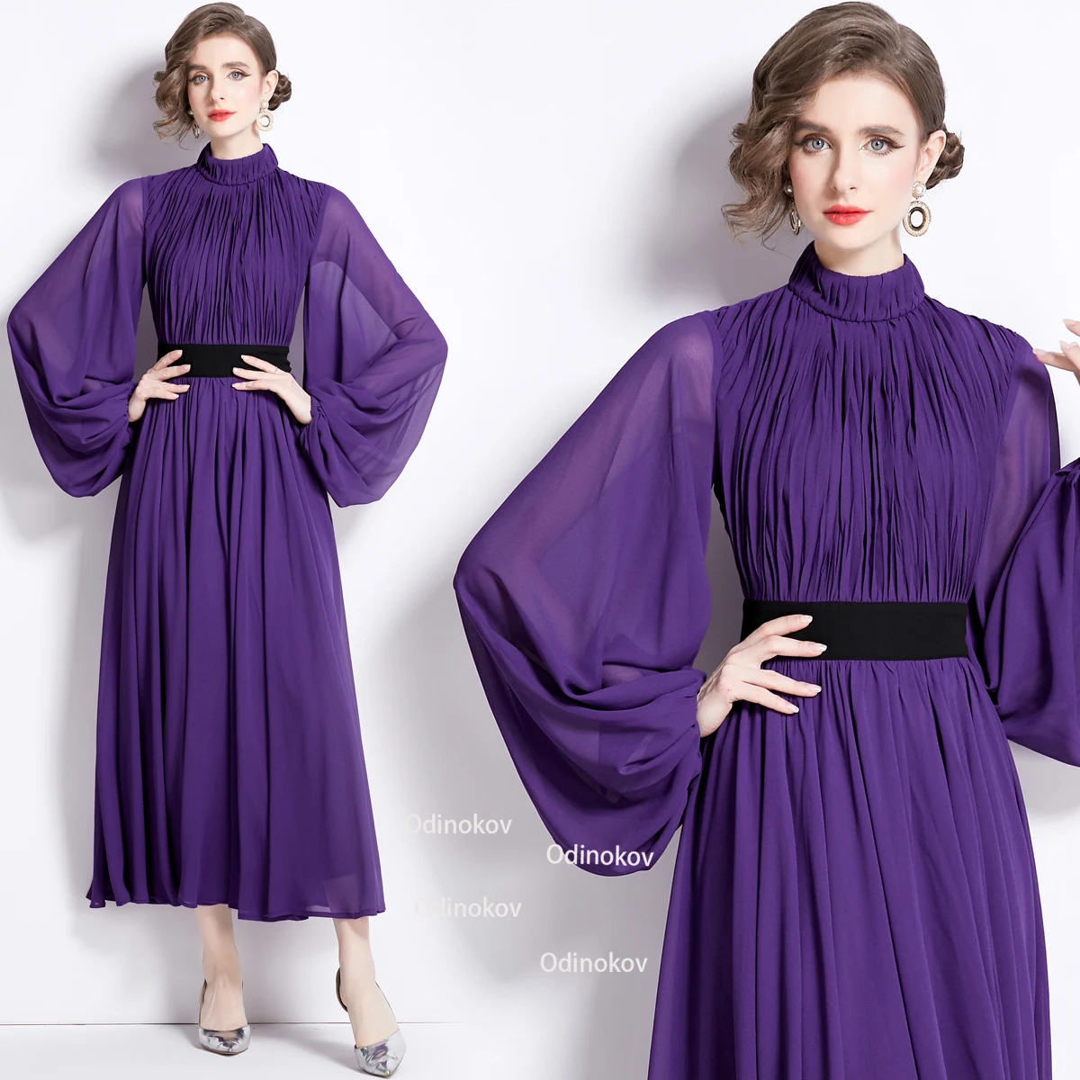 2024 Early Spring Runway New Chiffon Skirt Waist Slimming Purple Swing Long Dresses for Women