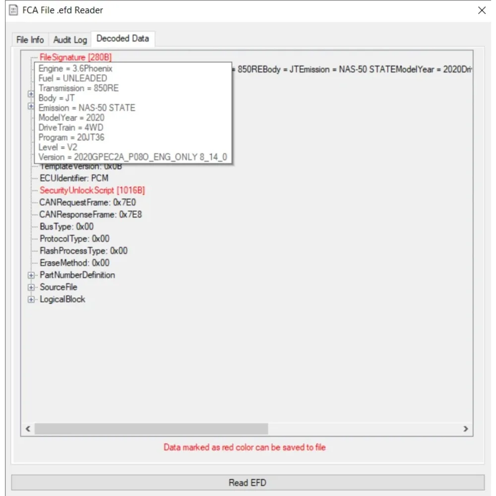SOFTWARE For CHRYSLER FCA .EFD file Reader / Extract --decode FCA .efd files (crypted)   EFD FCA TO BIN CONVERTER Extract