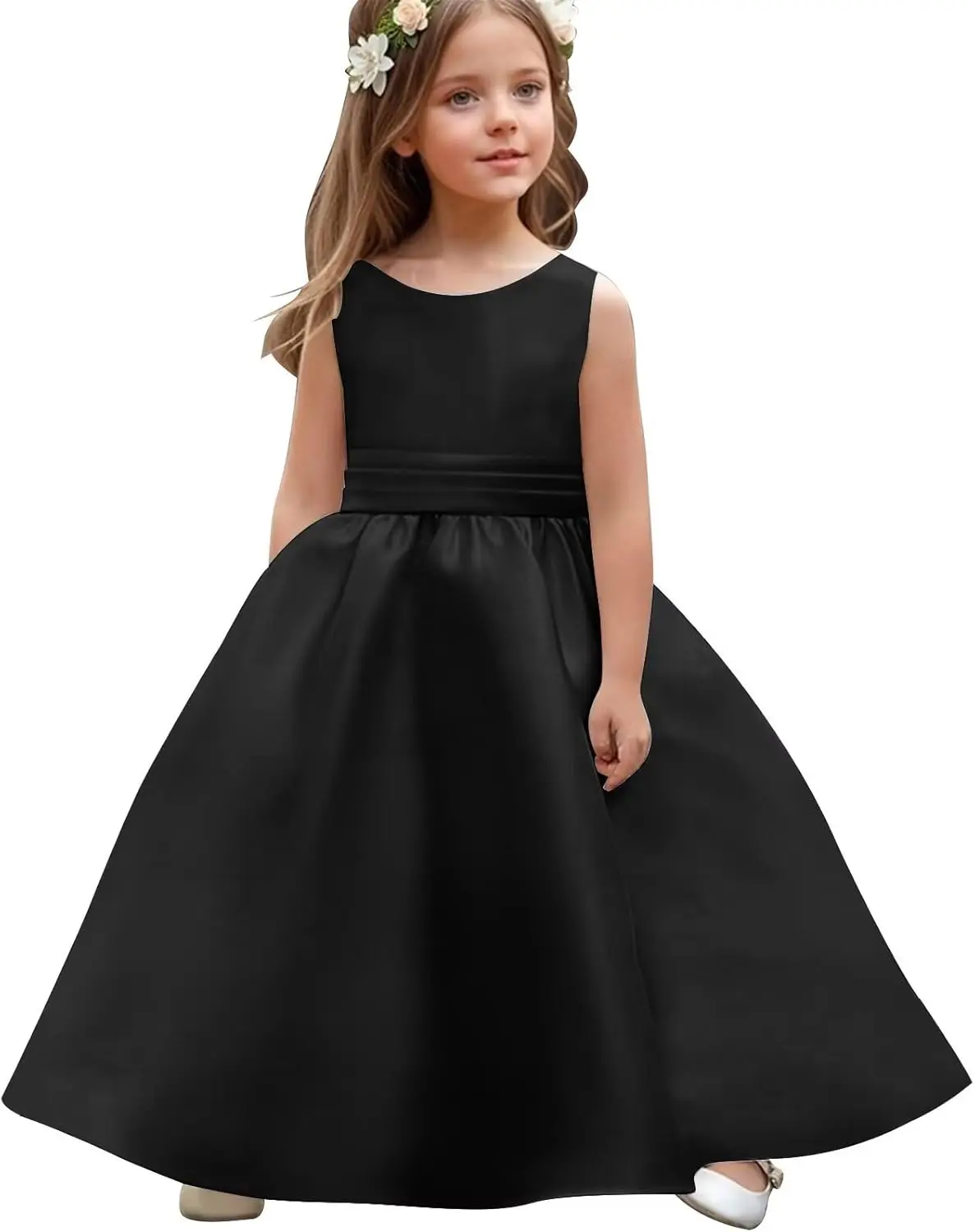 결혼식을위한 보우 매듭 꽃 소녀 드레스 새틴 민소매 드레스 크루 넥 공주 저녁 파티 긴 볼 가운 소녀 드레스