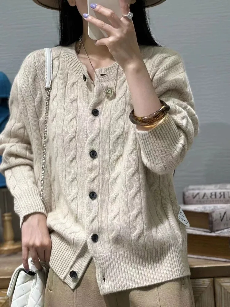 

Autumn and winter cashmere cardigan women's crewneck thick twist sweater loose and lazy style 100% pure wool knitted coat tide