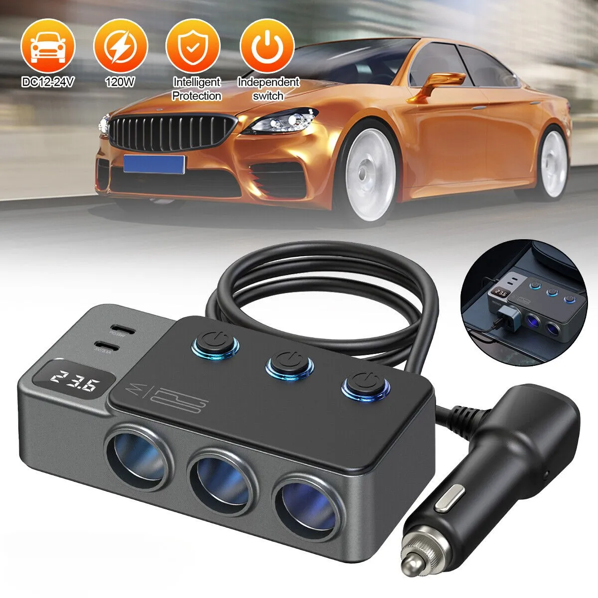 3 slot car charger cigarette lighter dispenser USB C fast charging adapter socket