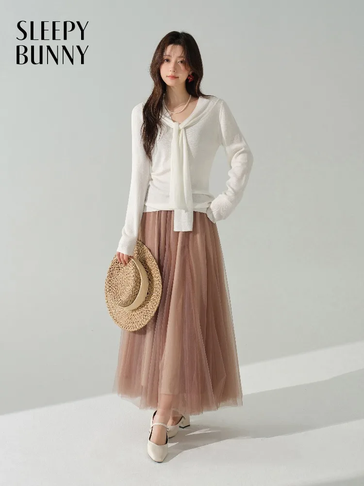 Elegant Mesh Tulle Skirt Women High Waist A-Line Midi Skirt Flowy Pleated Elastic Waist Skirt for Autumn Slimming Casual Outfit