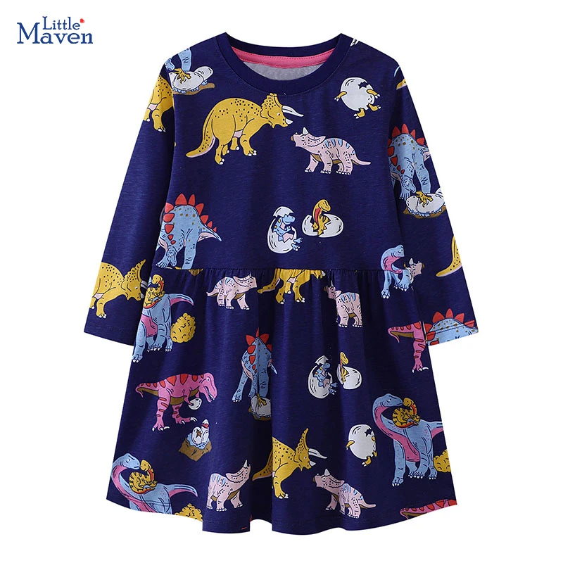 

Little maven, осенне-весенние платья с длинными рукавами и динозаврами для девочек, осенние праздничные платья для маленьких девочек, детские костюмы