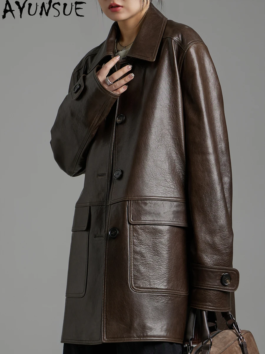 AYUNSUE Wysokiej Jakości Kurtka Damska z Prawdziwej Skóry Owczej 2025 Płaszcze Damskie Wiosenne Jesienne Ubrania Płaszcz Trencz Średniej Długości