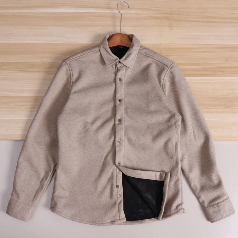 暖かい裏地付きの長袖カジュアルシャツ、男性用通勤用、折り返し襟、秋冬、ファッショナブルなポリエステル...