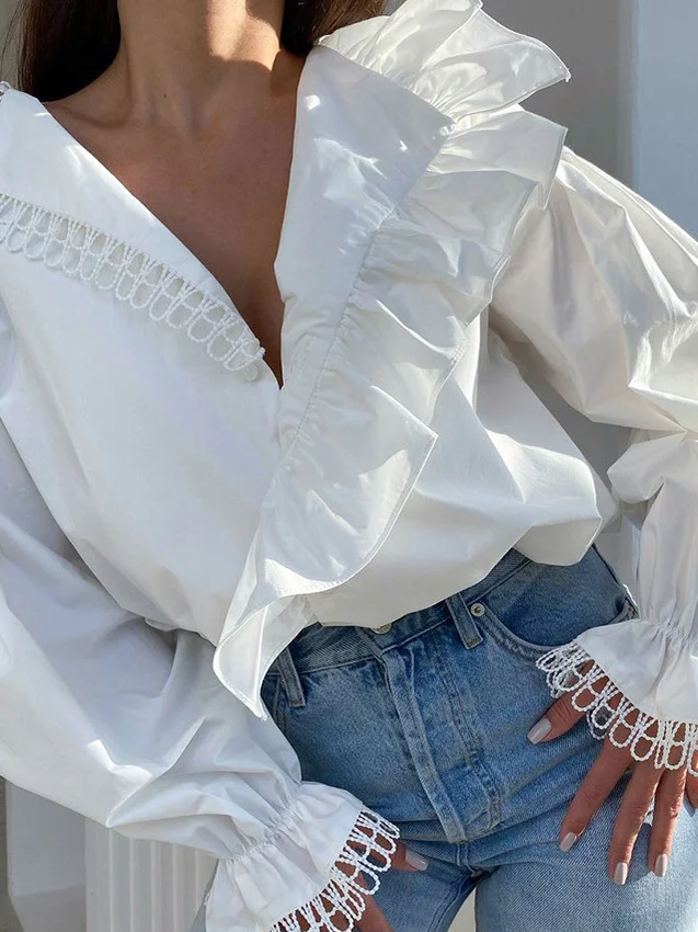 

Women's Pure Color V-ne Patchwork irt Casual Sle Long Sve Lantern Sve Regular Thin Summer Collection