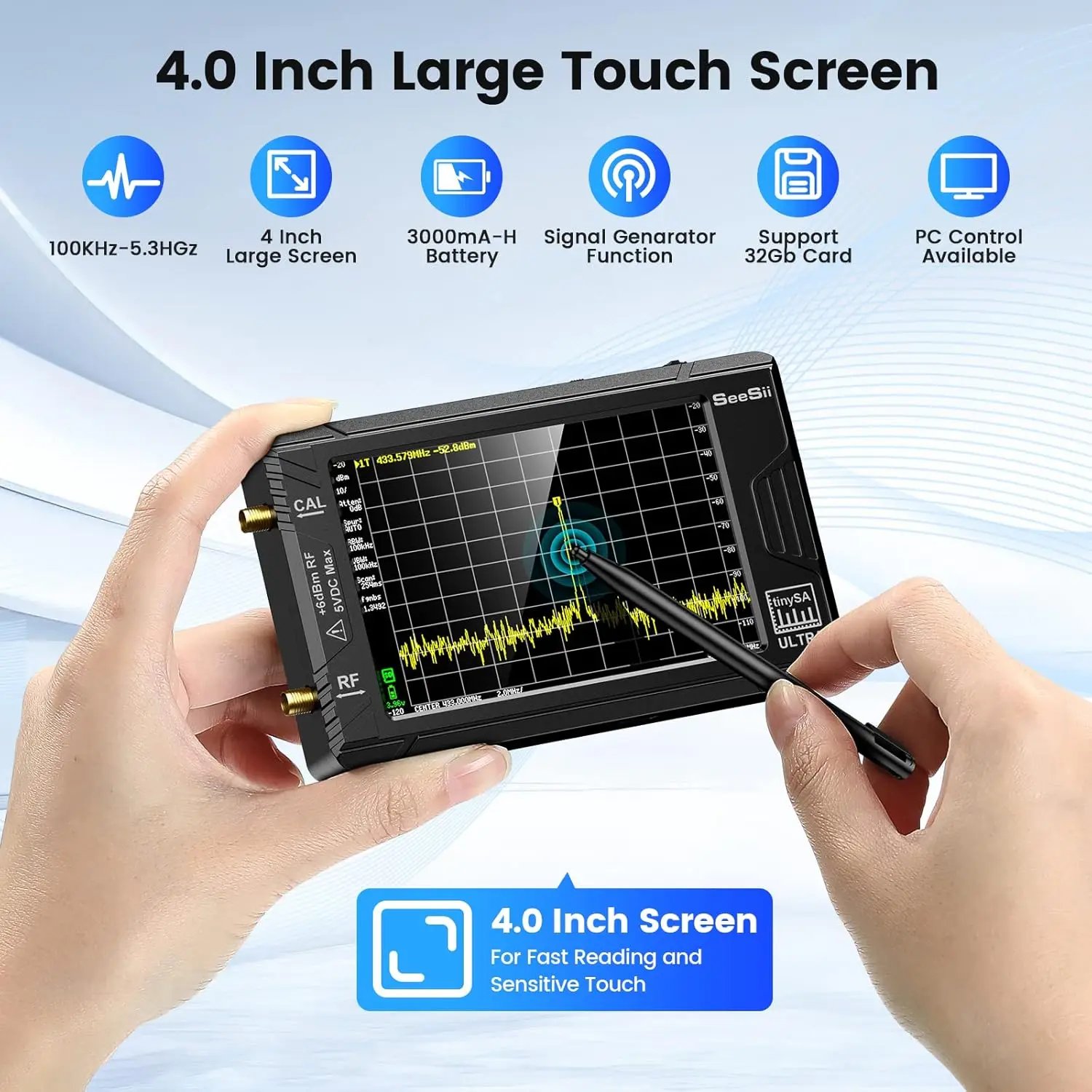 2023 Upgraded TinySA Ultra Spectrum Analyzer, 4.0 Inch 100kHz to 5.3GHz Handheld Tiny Frequency Analyzer with 32Gb Card,