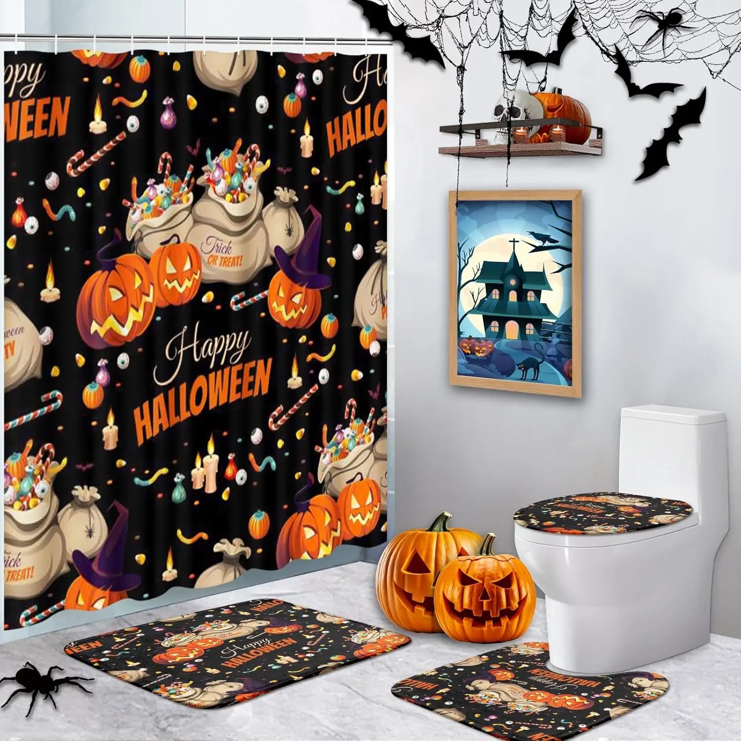 

Наборы занавесок для душа из 4 предметов, водонепроницаемые наборы для ванной комнаты «Радуга» для детей на Хэллоуин с нескользящими ковриками, крышкой для унитаза и ковриком для ванной,