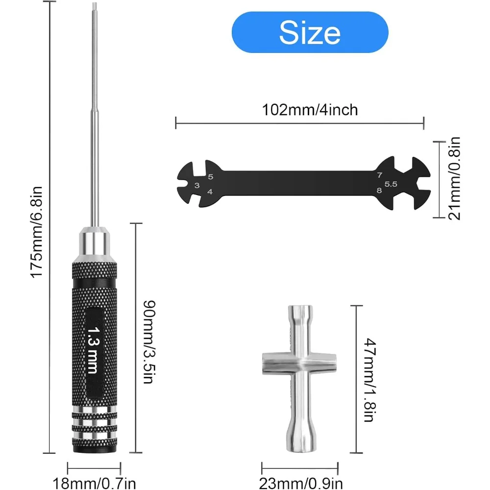 Juego de herramientas de destornillador hexagonal RC: 0,9 mm 1,27 mm 1,3 mm 1,5 mm 2,0 mm 2,5 mm 3,0 mm Kit de destornilladores con destornillador de tuerca hexagonal y llave de coche RC