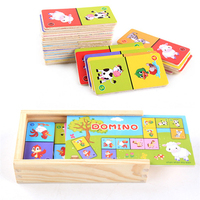 Montessori Wooden Domino Building Blocks Animal Cognitive Solitaire Dominoes Puzzle Board Kids Early Education Educational Toys
