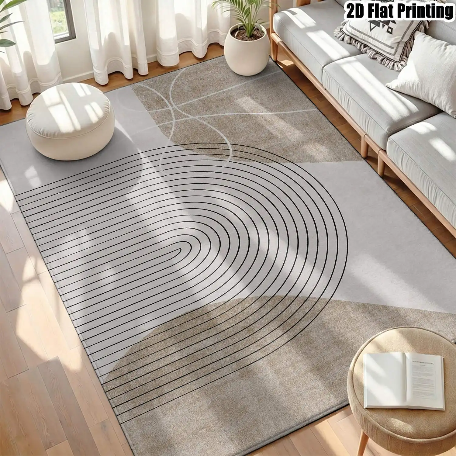 1Pc 2D Printed Beige Geometric Line Nordic-Style Carpet, Instagram-Inspired Modern Minimalist Striped Floor Mat, Home Decor, Multi-Size, Machine-Washable For Entrance, Dining, Foyer, Bedroom, Living Room.