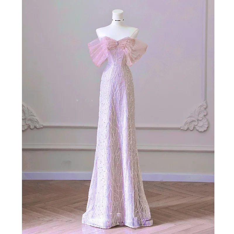 Pink off-Shoulder Beaded Sequins Wedding Dress Evening Party Gown with Detachable Tulle Train Birthday Dresses Vestidos