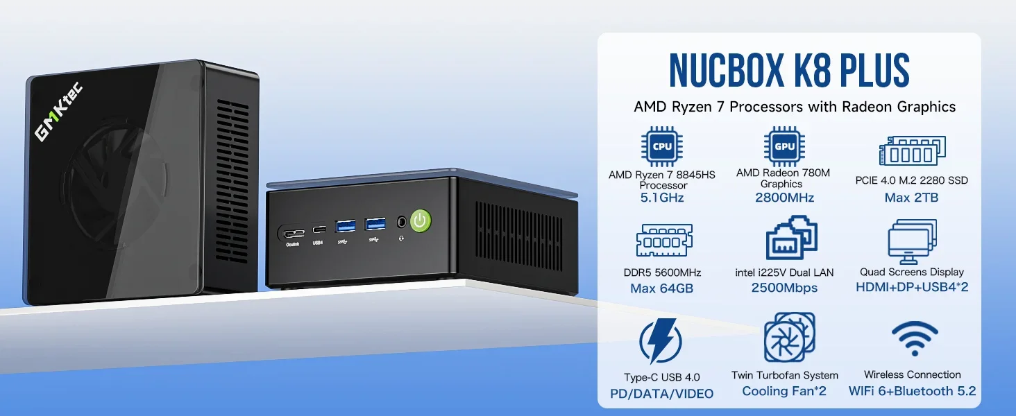 GMKtec K8 Plus Ryzen 7 8845HS Mini PC Windows 11 Pro DDR5 5600MHz