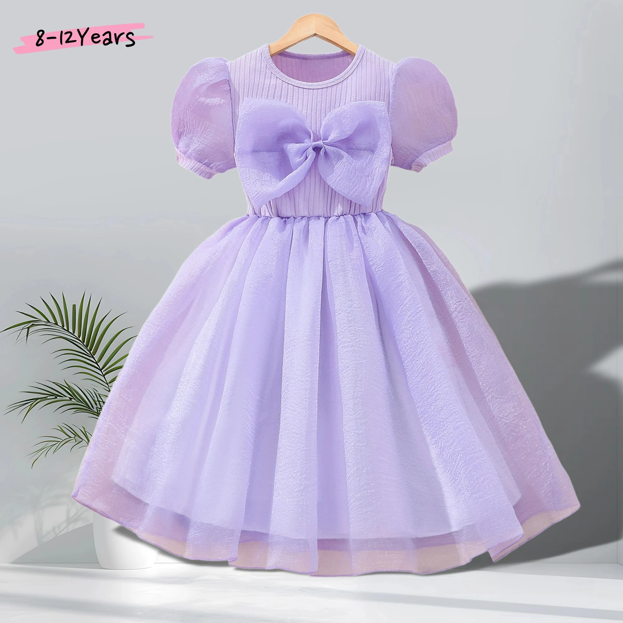 Girls Elegant Dresses Purple Mesh Children Dress Bow Birthday Party Princess Short Sleeve Casual Kids Costume 8-12 Yrs