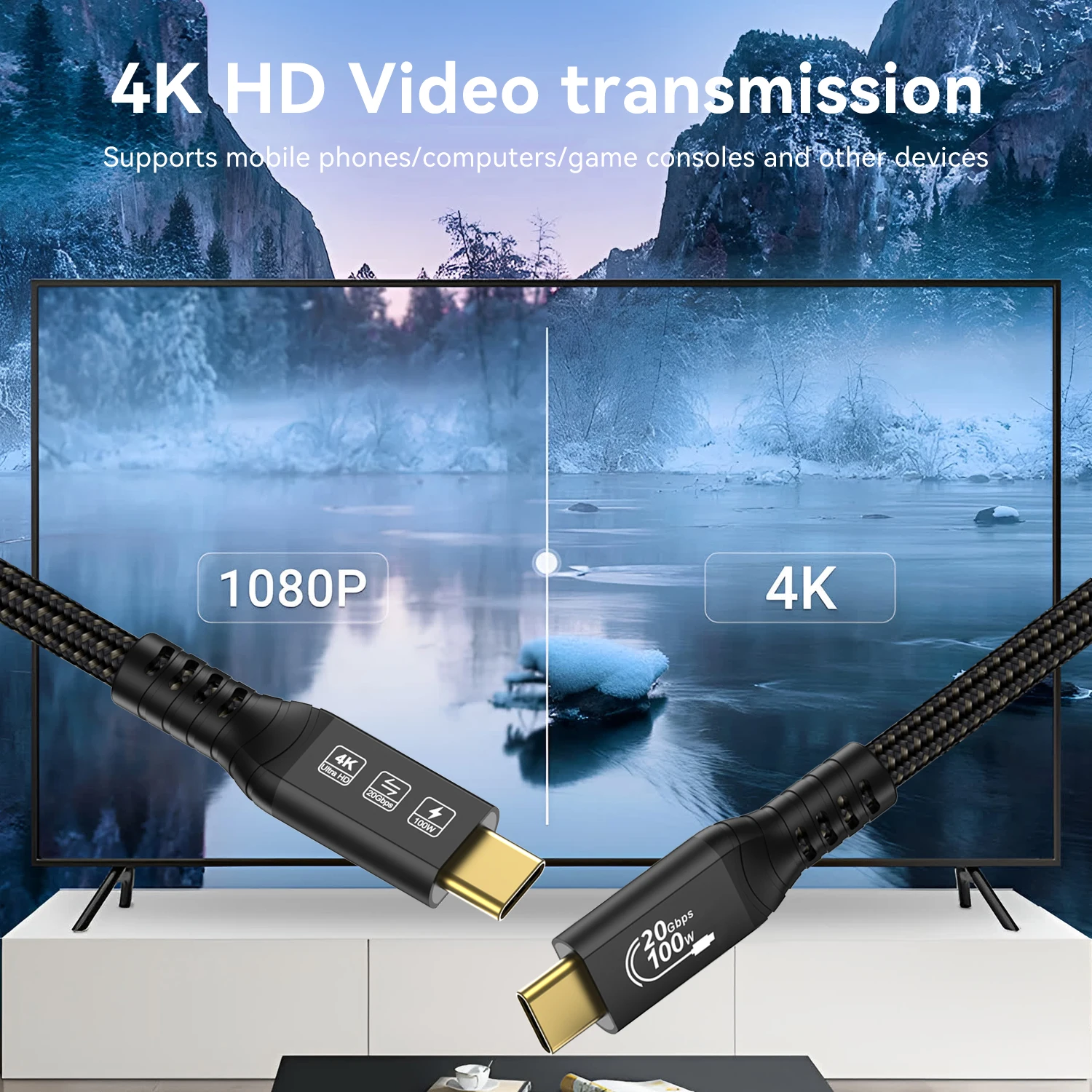 Tipo C Cabo De Carregamento Rápido, Transferência De Dados, Tipo C Cabo, 20Gbps, 100W, 20V, 5A, 4K, 60Hz