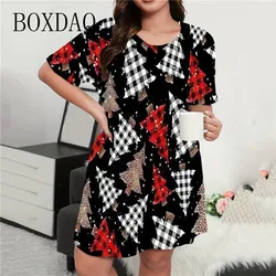 Shiny Stars Christmas Tree Print Dress Elegant Women Fashion Short Sleeve Loose A-Line Dress Plus Size Casual Party Mini Dresses