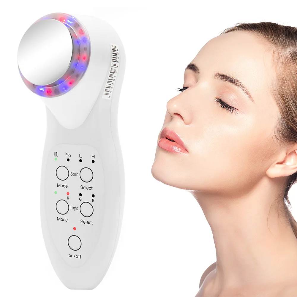 7 colores LED Photon estiramiento ultrasónico Estiramiento Facial limpiador de la piel antienvejecimiento eliminación de arrugas ultrasonido masajeador Facial cuidado de la piel