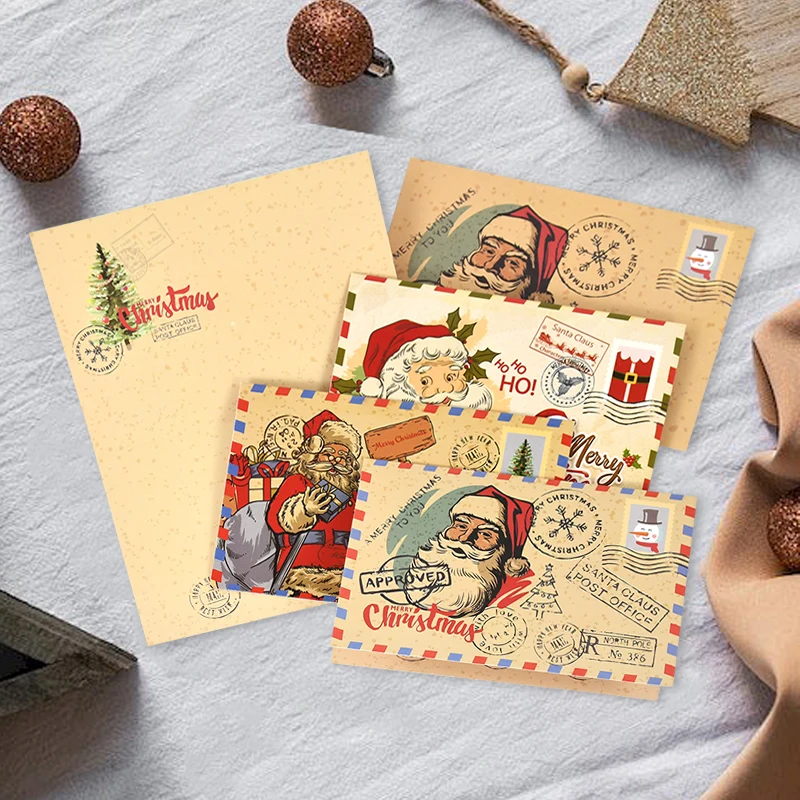 5 sztuk Vintage Christmas Kraft papier listowy święty mikołaj list Pad koperty na prezenty Xmas Party DIY zaproszenie kartka z życzeniami