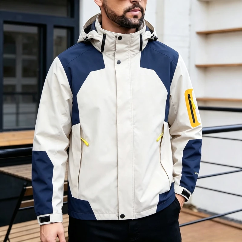 Chaqueta de senderismo de una sola capa para otoño, para hombre y mujer, con capucha, impermeable, de colores contrastantes, cortavientos para montañismo al aire libre.