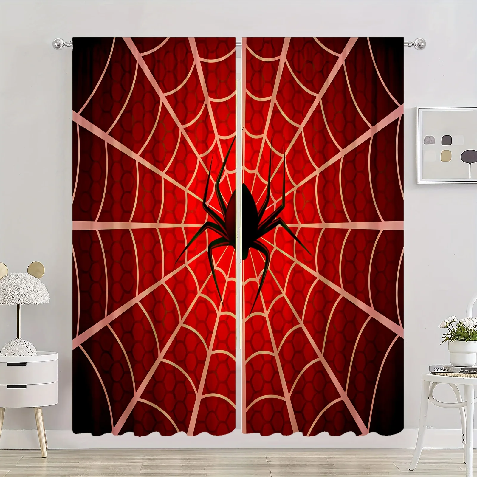 

2pcs Black Spider Red Department HD Digital Printed Curtains Home Decor Living Room Bedroom Rod Pocket Curtain Effect Style Bed