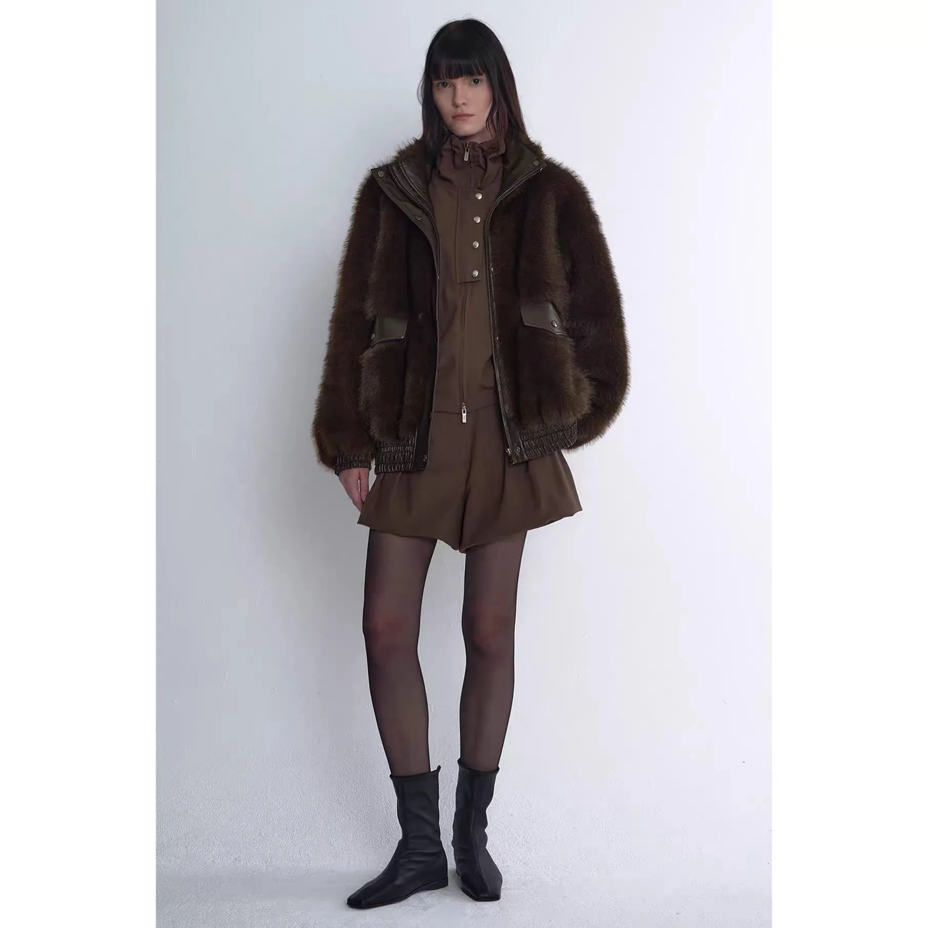 

Faionable Lemon Cheese TIM25 Autumn Long Sve Stand Collar Fake Fur Eco-Friendly Jaet Outerwear for Women