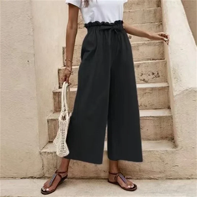

Women Elastic Waist Lace-up Wide Leg Nine-minute Pants Solid Color Comfortable Cotton Linen Trousers Female Daily Commuter Trous