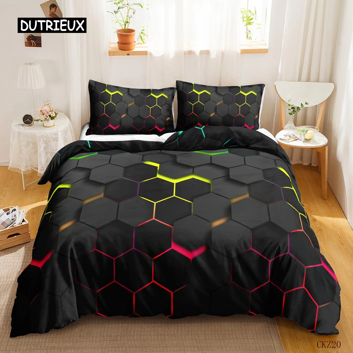 

Geometric Duvet Cover Multicolor Honeycomb Hexagon Bedding Set Geometric Theme Metal Texture Streamline Polyester Qulit Cover