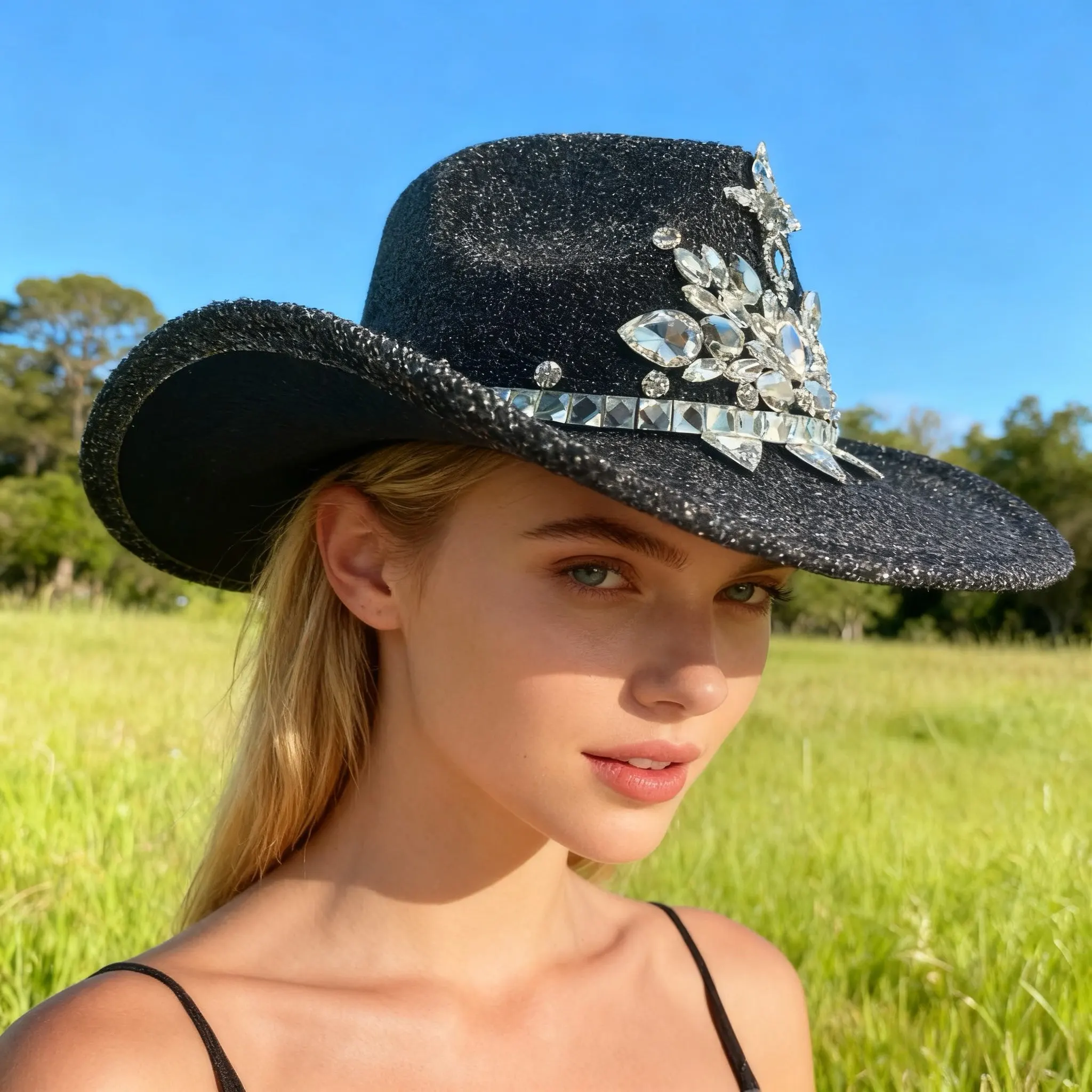 

HongLuan Black Cross Disco Costume Hat Adult, Cowboy Hats Rhinestone for Woman, Cowboy Cosplay Female Accessories & Cowgirl Cap