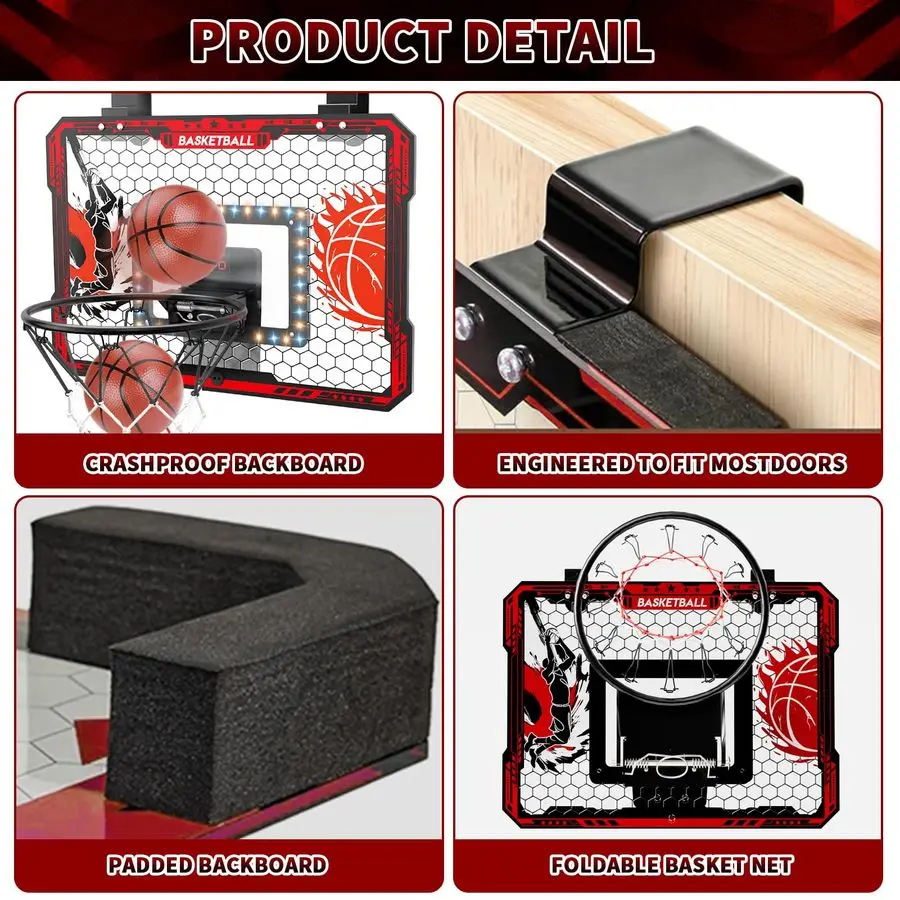 طوق كرة السلة للباب، 2025 ترقية طوق كرة السلة الداخلي مع أضواء LED ولوحة النتائج، تتضمن 3 كرات مضخة أمبير، ألعاب جي
