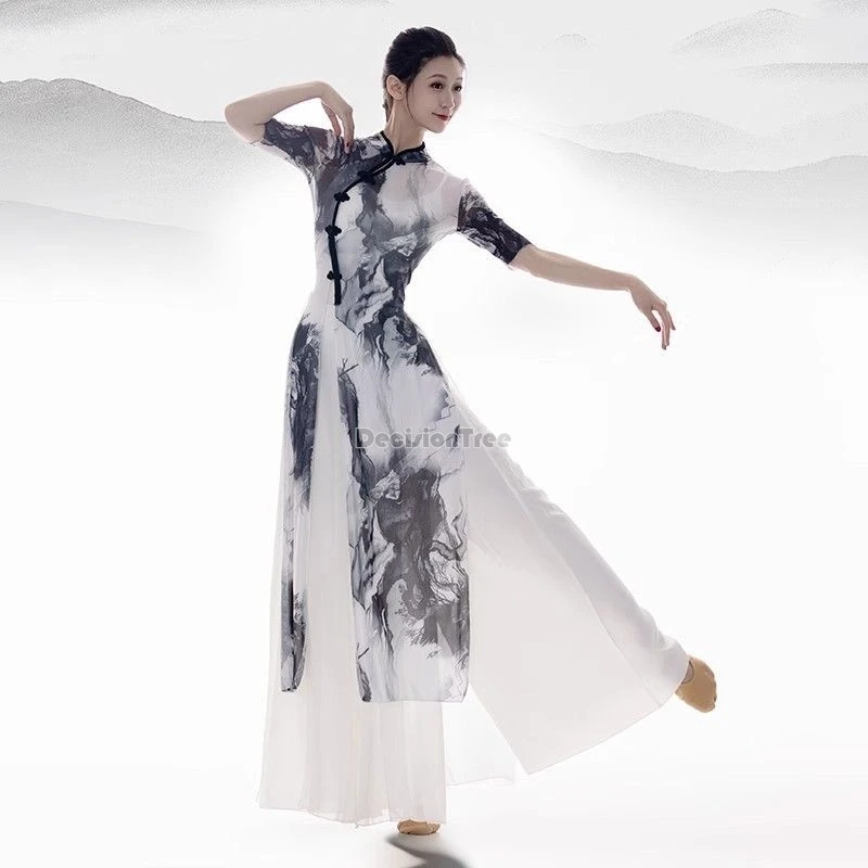 2025 chinese ink style classical dance qipao set folk dance fairy printing gauze qipao new yogo shaping training vintage outfit