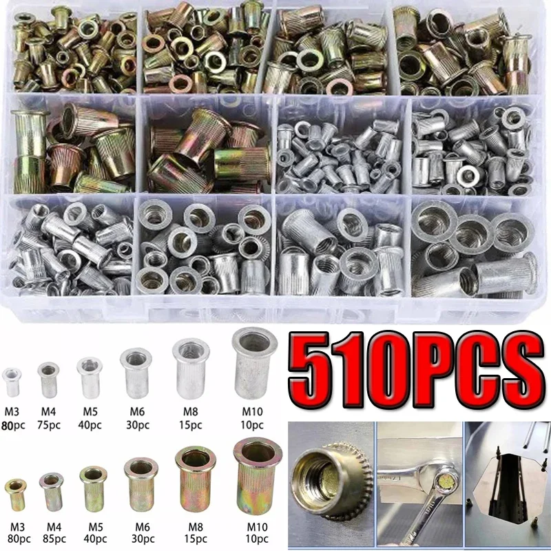 

510PCS M3 M4 M5 M6 M8 M10 Carbon Steel Aluminum Flat Countersunk Head Rivet Nut Insert Rivnut Nutsert Blind Rivet Nut