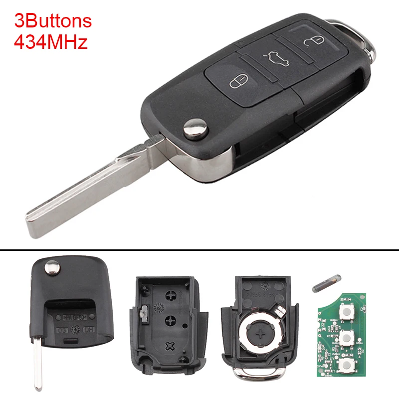 434MHz 3 Buttons Keyless Uncut Flip Remote Key Fob with ID48 Chip 1J0959753DA Fit for Beetle/VW/Skoda/Passat/Bora1998-2010