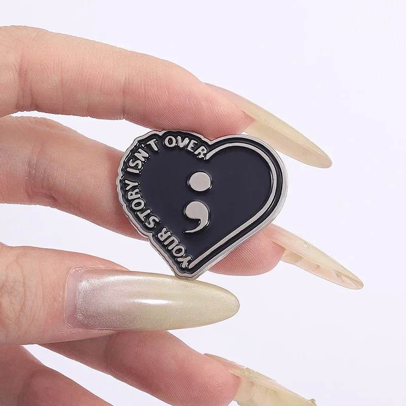 Your Story Isn't Over Enamel Pins Black Punk Semicolon Punctuation Badge Heart Shape Brooches Lapel Pins Jewelry Gifts Friends view 2
