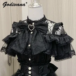 Mass-Produced Mine Japanese Sweet Girl Female Lace Short-Sleeved Shirt Summer Bow Cute Blouses High Waist Princess Mesh Skirt