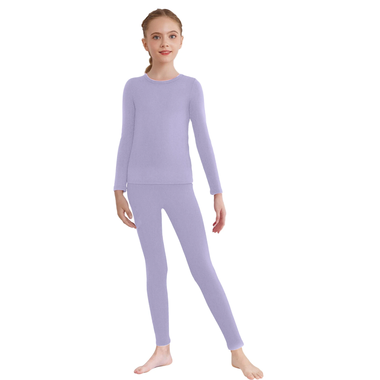 

2Pcs Kids Girls Thermal Underwear Set Cotton Homewear Sleepwear Round Neck Long Sleeve Pullover Top with Elastic Waistband Pants