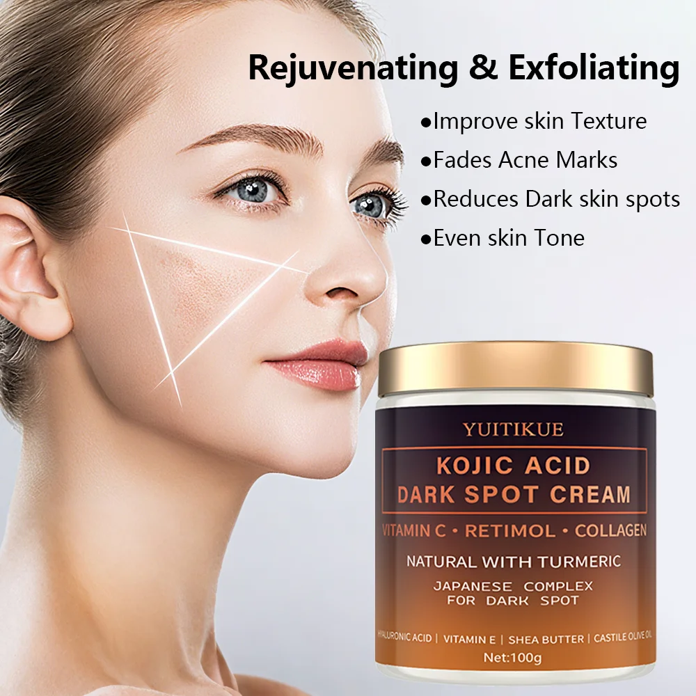 Creme desbotado de arbutina, vitamina C, retinol, colágeno, curcina natural, ácido hialurônico, vitamina E, manteiga de karité, óleo de oliva de rícino.