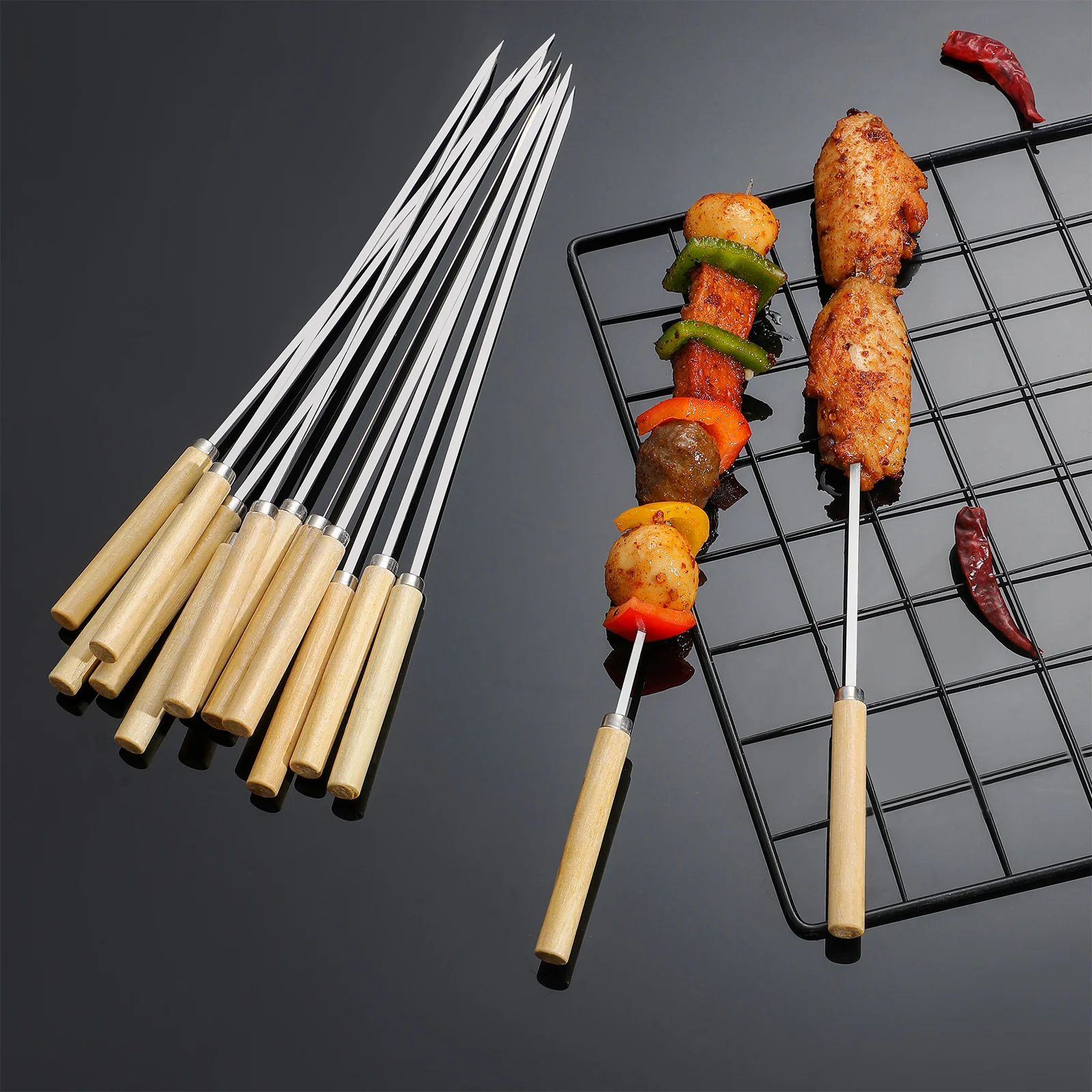 

1 комплект, плоские круглые шампуры для барбекю, металлические шампуры для барбекю из нержавеющей стали, палочки для гриля, кабоб, мяса, овощей, на открытом воздухе