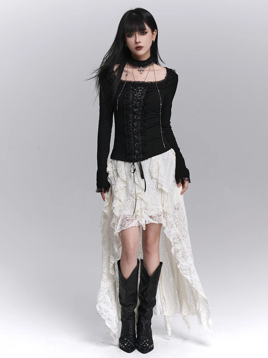 Ghost Girl Early Autumn Bla Lace Asymmetrical Hemline  Skirt loween Costume k Sle High Waist Irregular Skirt