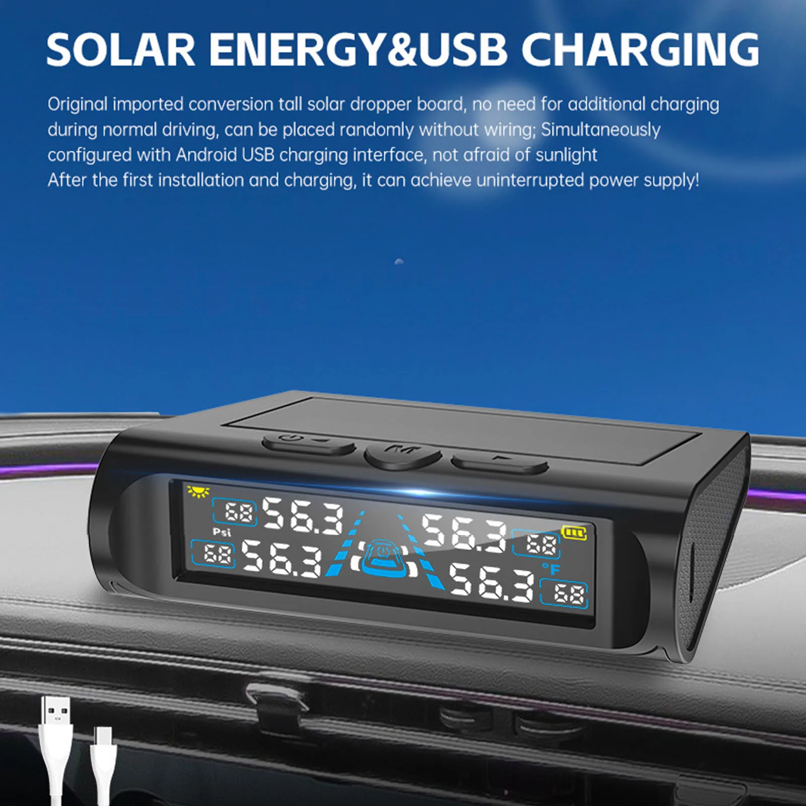 Tire Pressures Monitoring System with Solar Charge and USB Real-Time Pressure Monitor LCD Display for Cars SUVs & Light Trucks